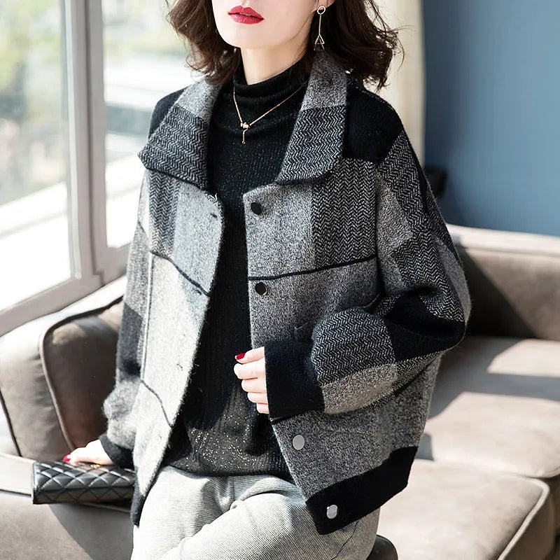 Checkered Woolen Short Coat for Women - 2024 Autumn