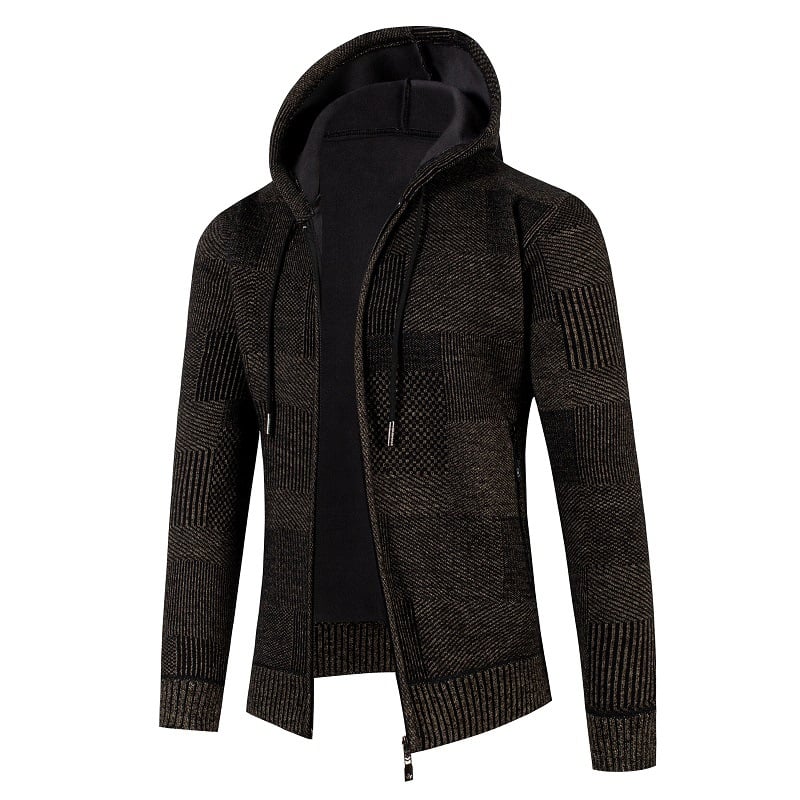 Slim Fit Hooded Plaid Knit Jacket for Men