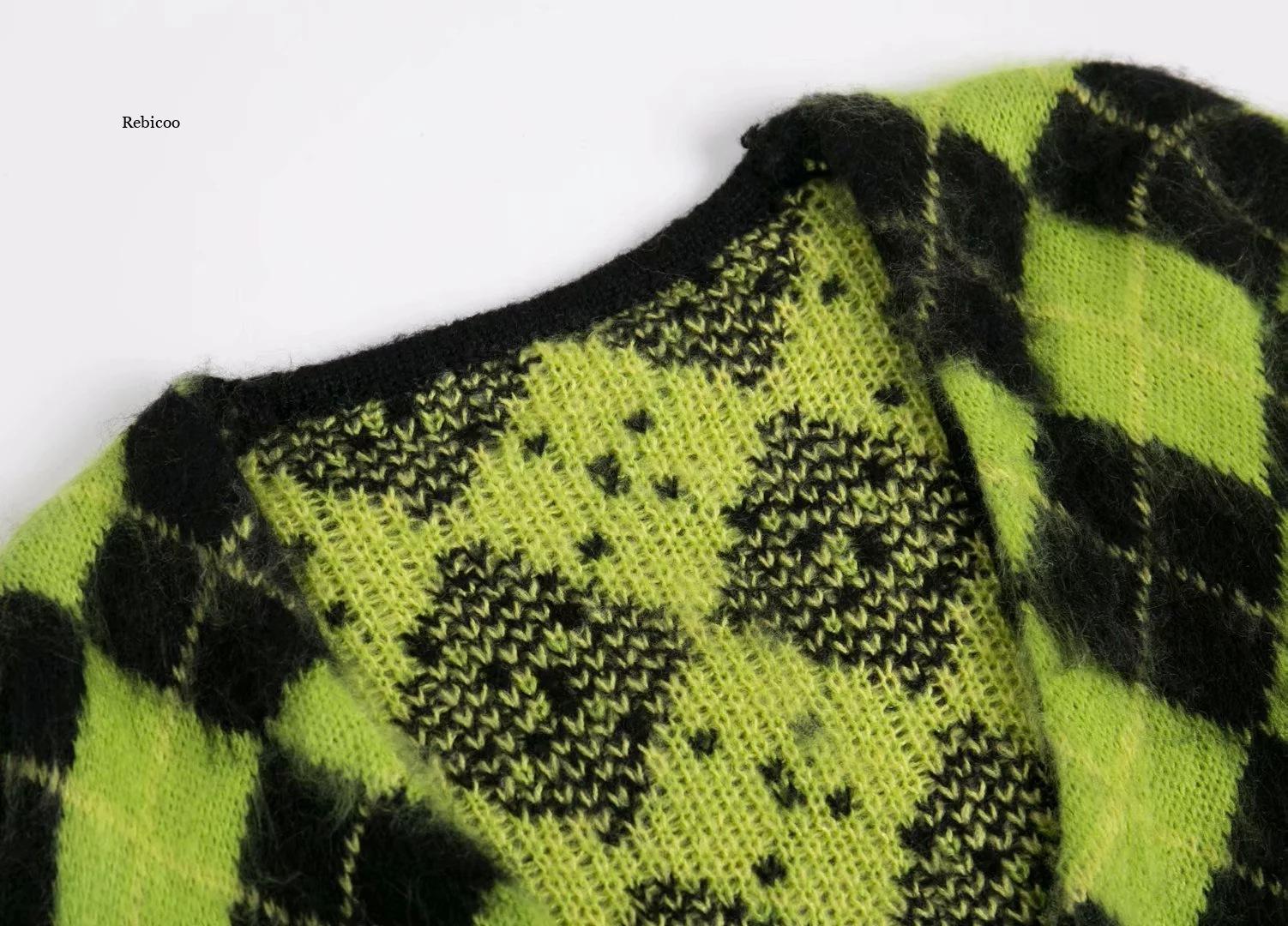 Oversized Fluffy Green Plaid Cardigan for Women