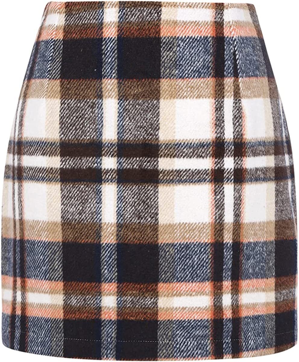 Women's High Waist Plaid Wool Pencil Mini Skirt