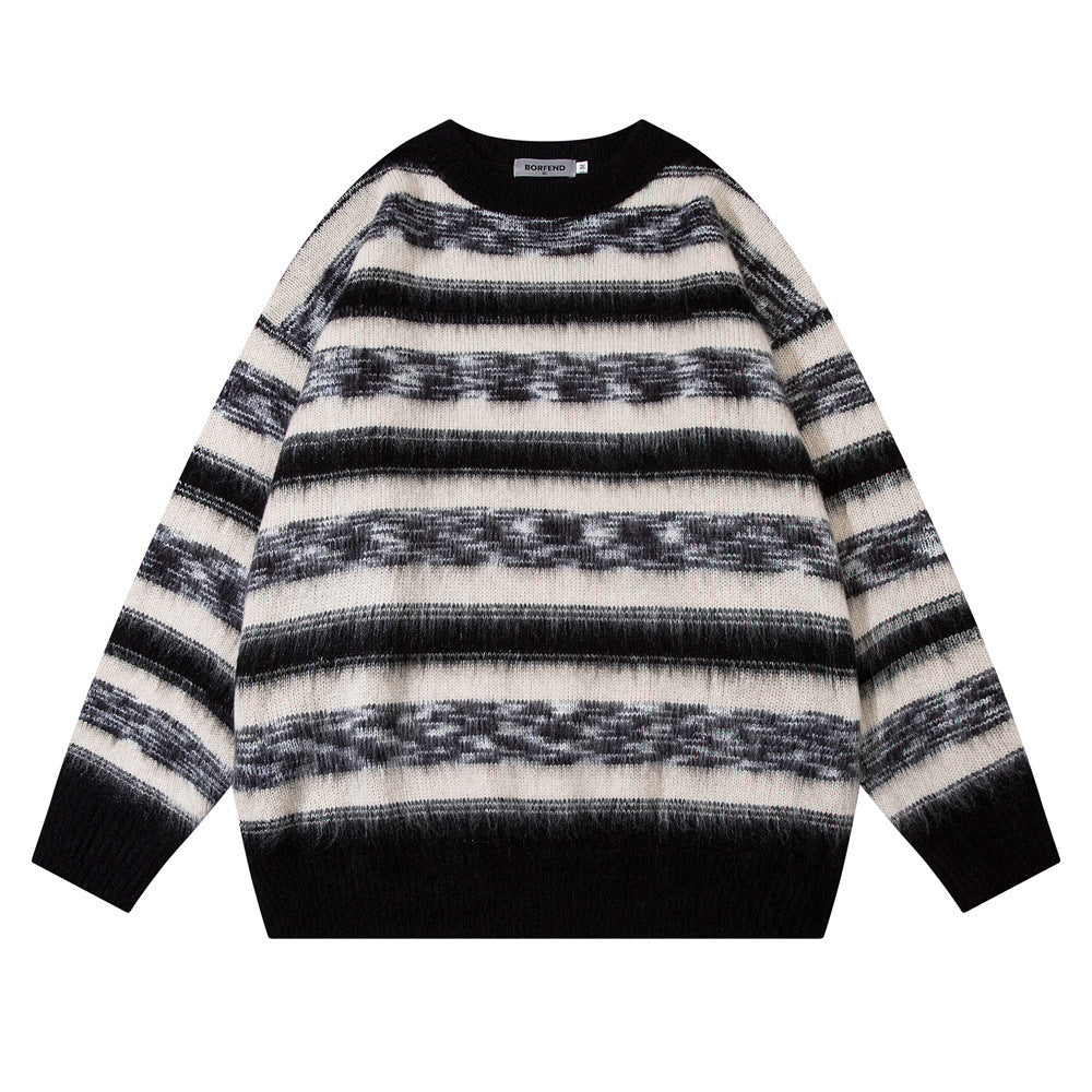 Mohair Striped Round Neck Knit Sweater
