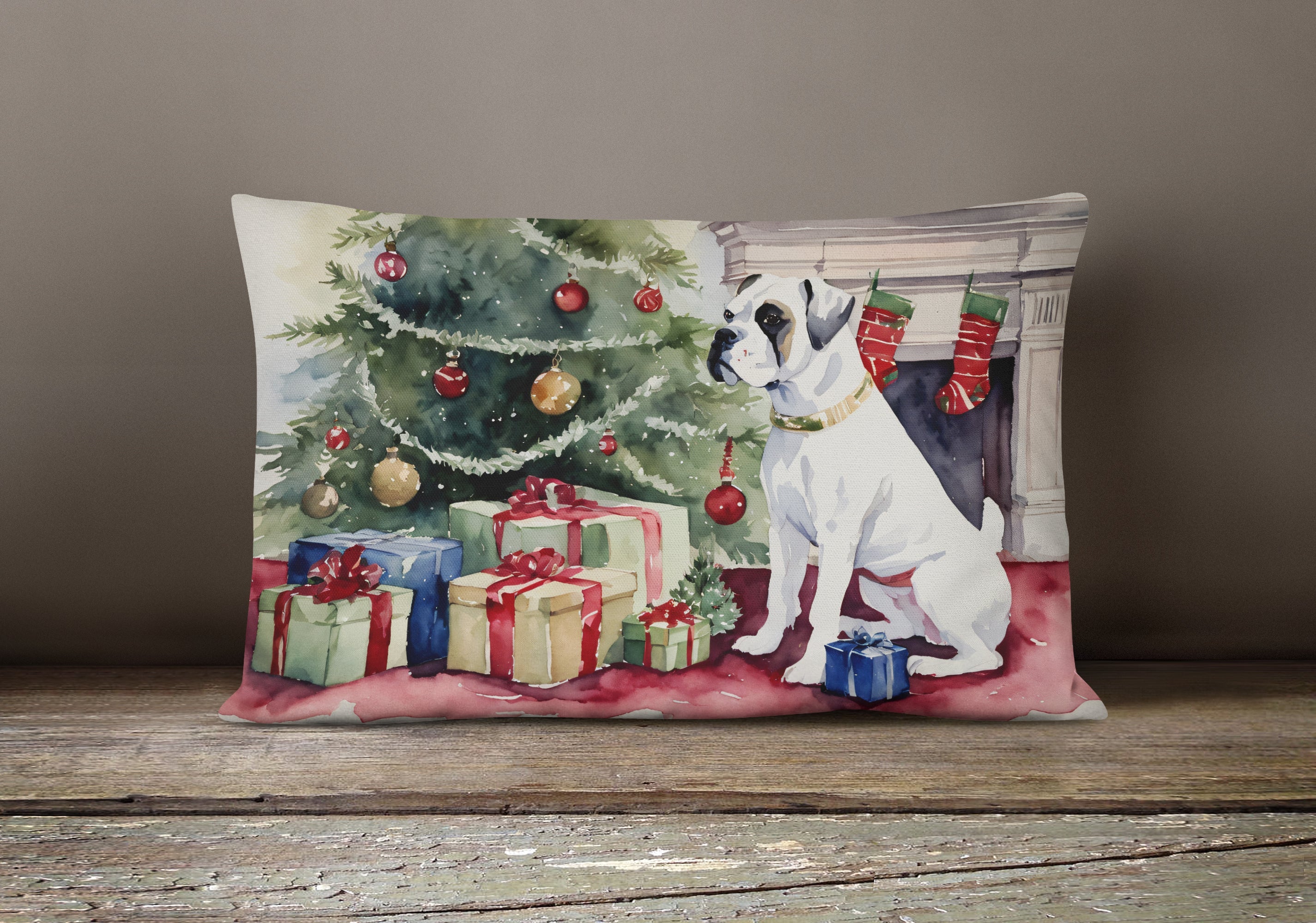 White Boxer Christmas Throw Pillow