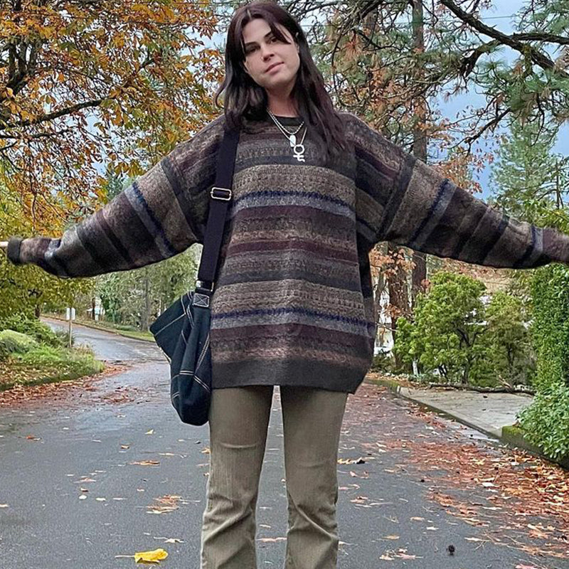Preppy Grunge Retro Striped Knitted Sweater for Autumn