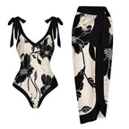 V-Neck Women's One-Piece Swimsuit with Skirt Design