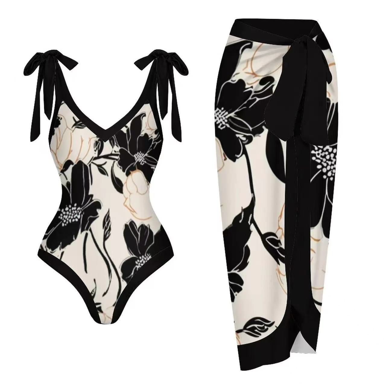 V-Neck Women's One-Piece Swimsuit with Skirt Design