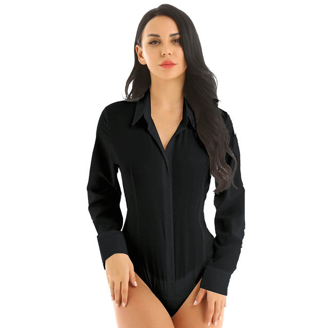 Women's Long-Sleeve Lapel Bodysuit Shirt