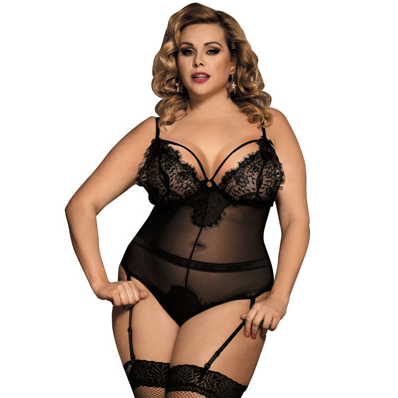 Plus Size Lace Lingerie with Garters and Open Cups