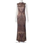 Women's Sleeveless Printed Hollow Round Neck Pullover Dress | Streetwear