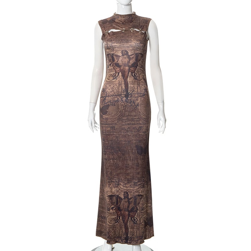 Women's Sleeveless Printed Hollow Round Neck Pullover Dress | Streetwear