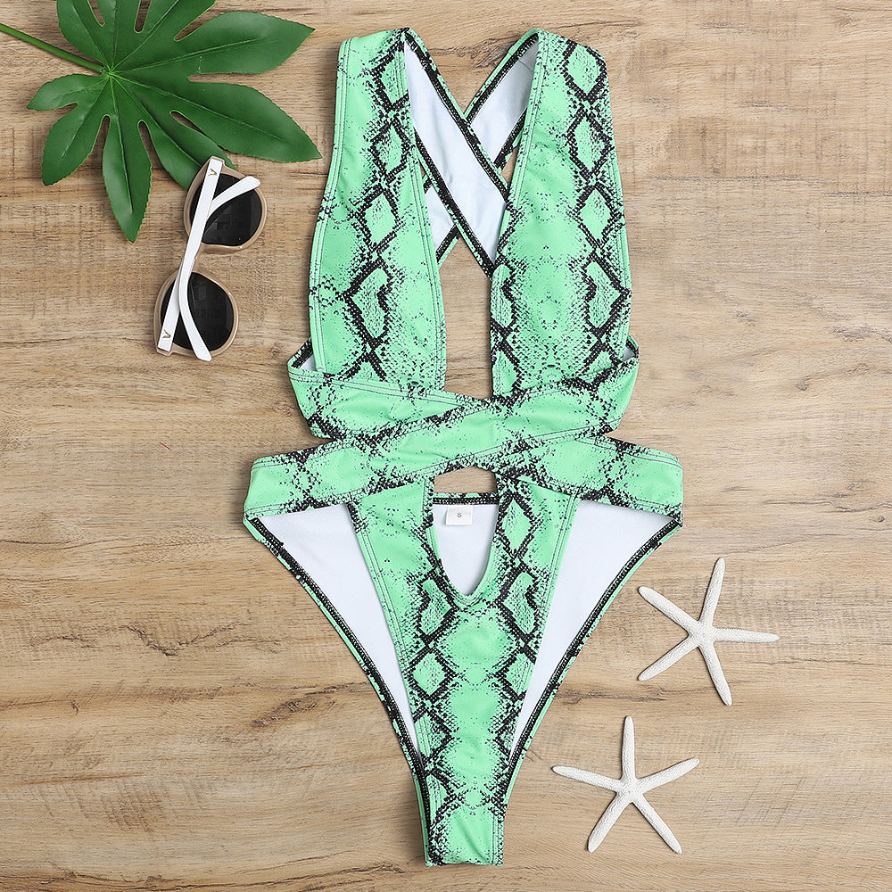 New European and American Snake Print Women's Swimsuit
