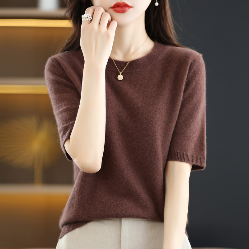 Women's Slim Fit Short-Sleeve Wool Cotton Blend Sweater