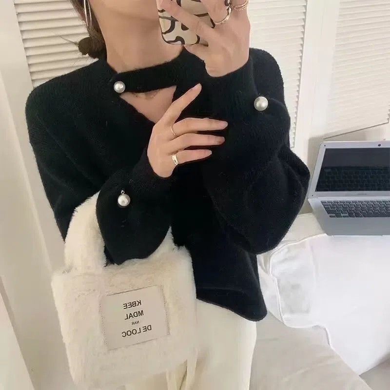 Korean Women's Hollowed-Out Collarbone Knit Sweater