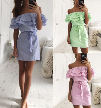 Striped Ruffled Sleeve Off-Shoulder Dress for Women