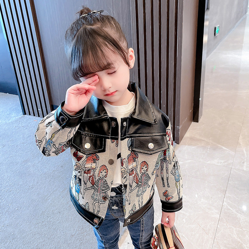 Girls' New Fashion Leather Jacket Coat