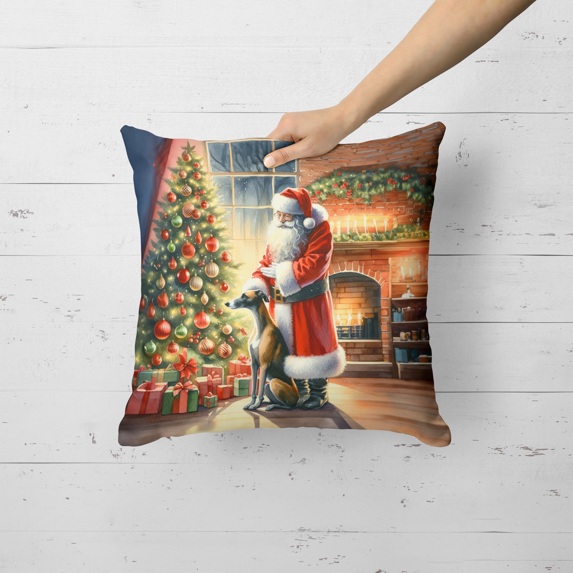 Greyhound and Santa Claus Throw Pillow