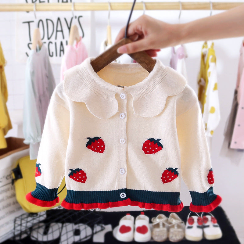 Girls' Strawberry Lapel Cardigan Sweater