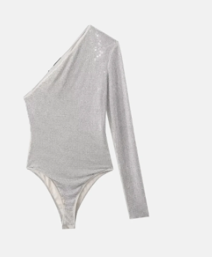 Body Adamant Shiny Sheer Asymmetrical Bodysuit (One)