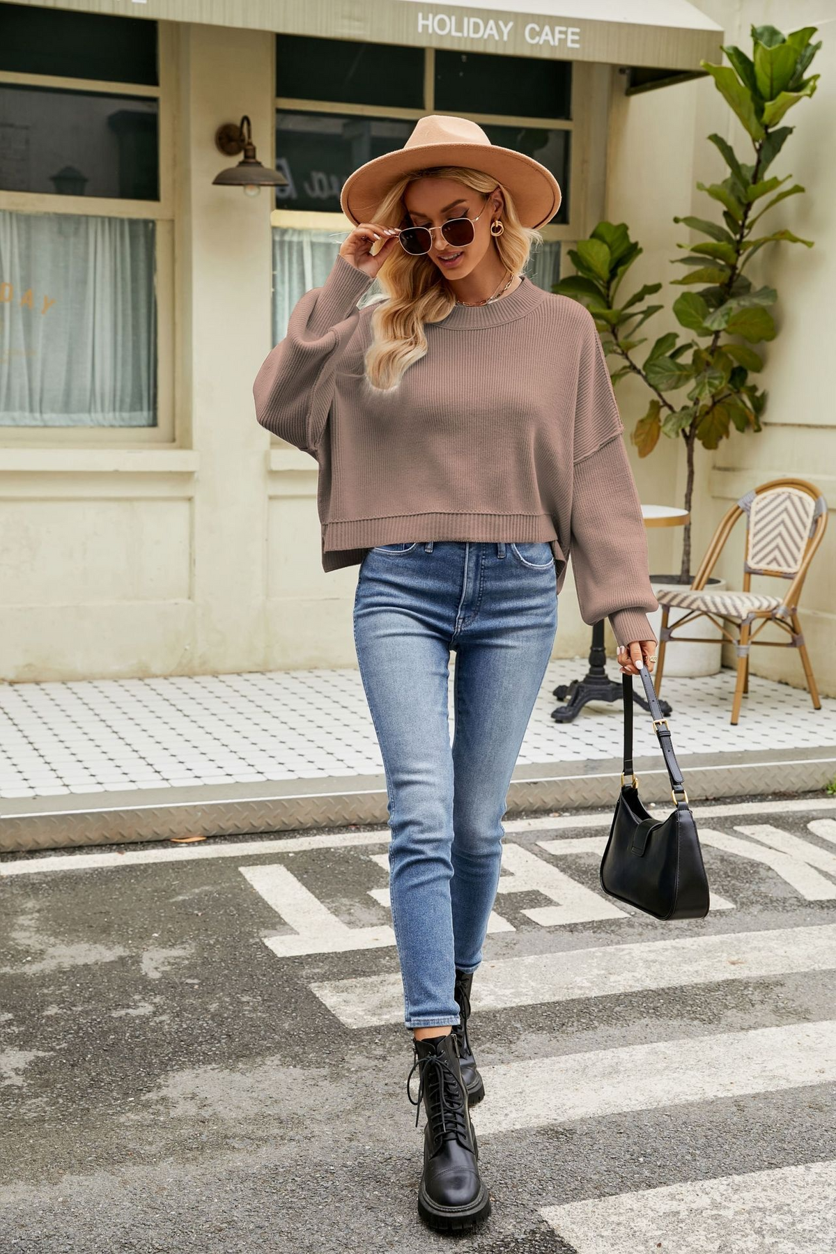Women Loose Cropped Pullover Round Neck Sweater | Streetwear