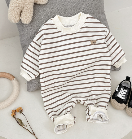 Striped Teddy Baby Onesie - Cute Long Sleeve Romper (One Piece)