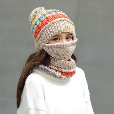 Winter Knitted Hat, Mask & Scarf Set | Embroidered Cap