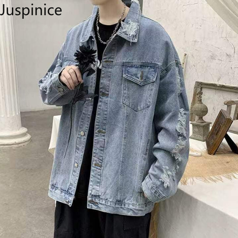 Men's Casual Oversized Ripped Denim Jacket for Spring/Fall