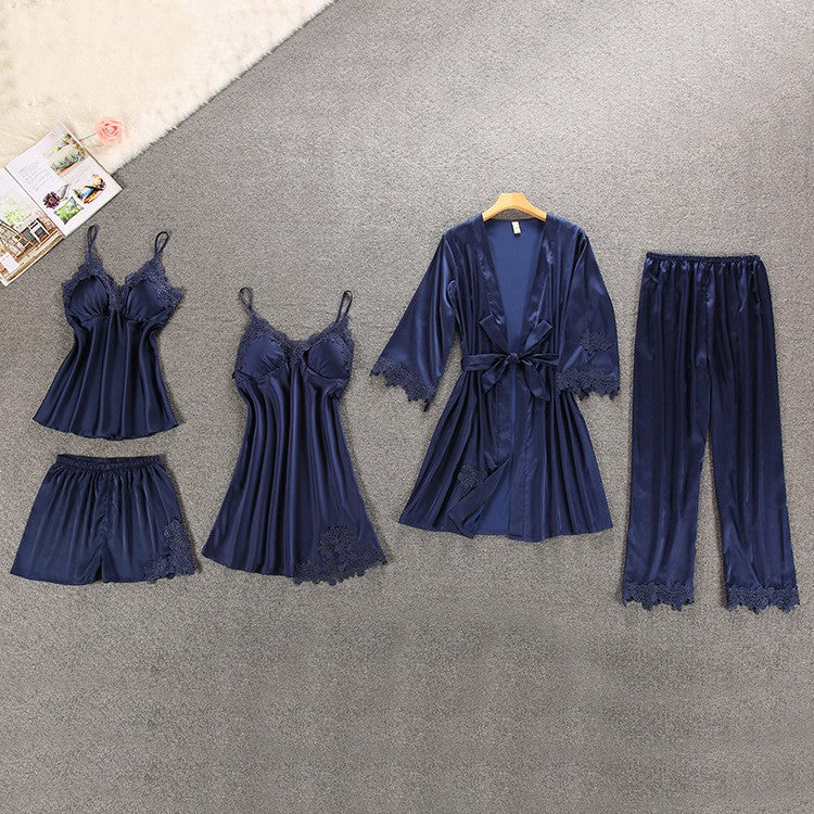 Silk Lace Nightgown Set with Padded Robe (5 Pieces)