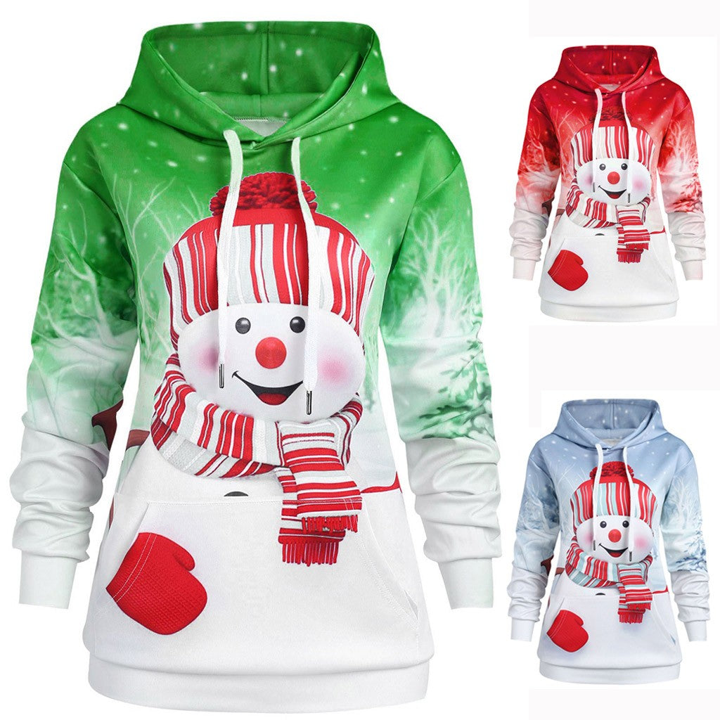 Christmas Snowman Print Hoodie with Kangaroo Pockets | Streetwear