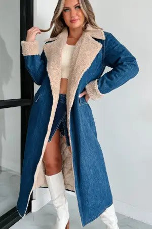 Lace-up Denim Trench Coat with Double Pockets