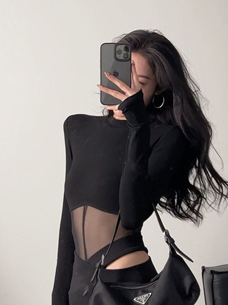 Black Long Sleeve Slim Fit Crop Top for Women
