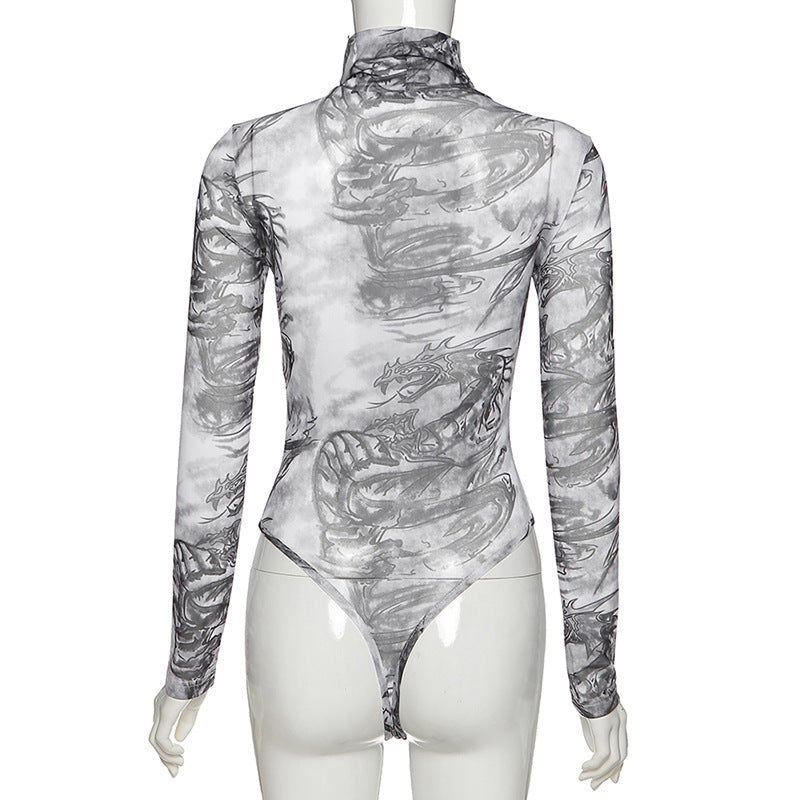 2020 Summer Women's Fashion Print Long Sleeve Bodysuit