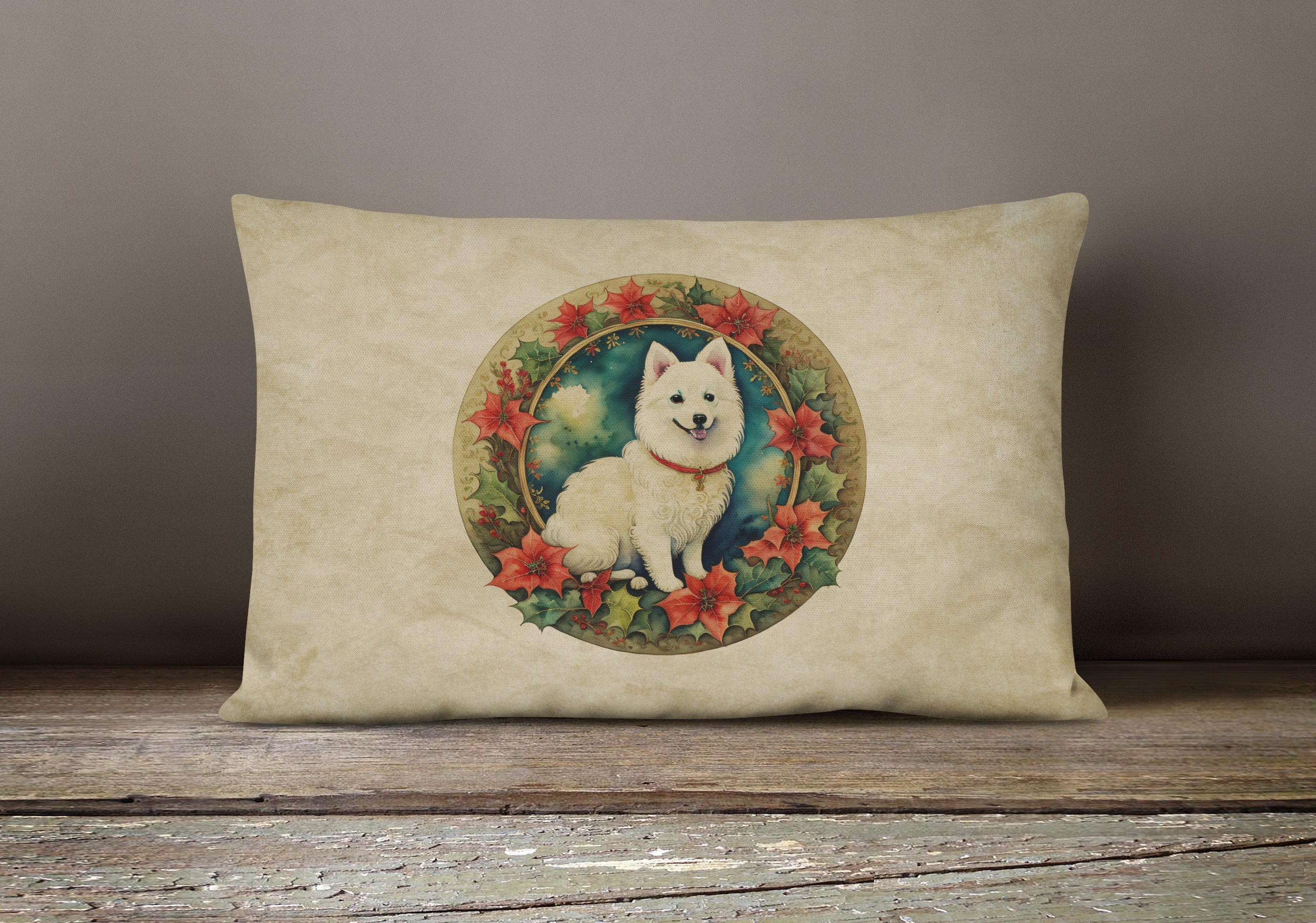 Japanese Spitz Christmas Flowers Throw Pillow