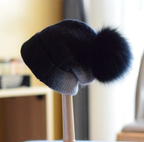 Women's Casual Wool Hat with Fox Fur Ball | Embroidered Cap