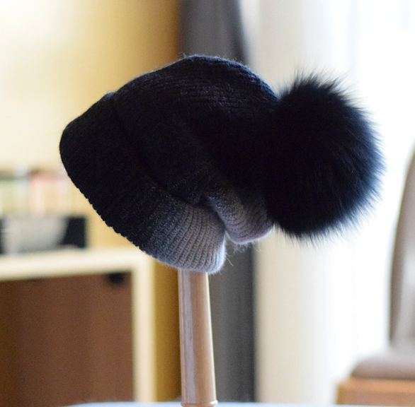 Women's Casual Wool Hat with Fox Fur Ball | Embroidered Cap