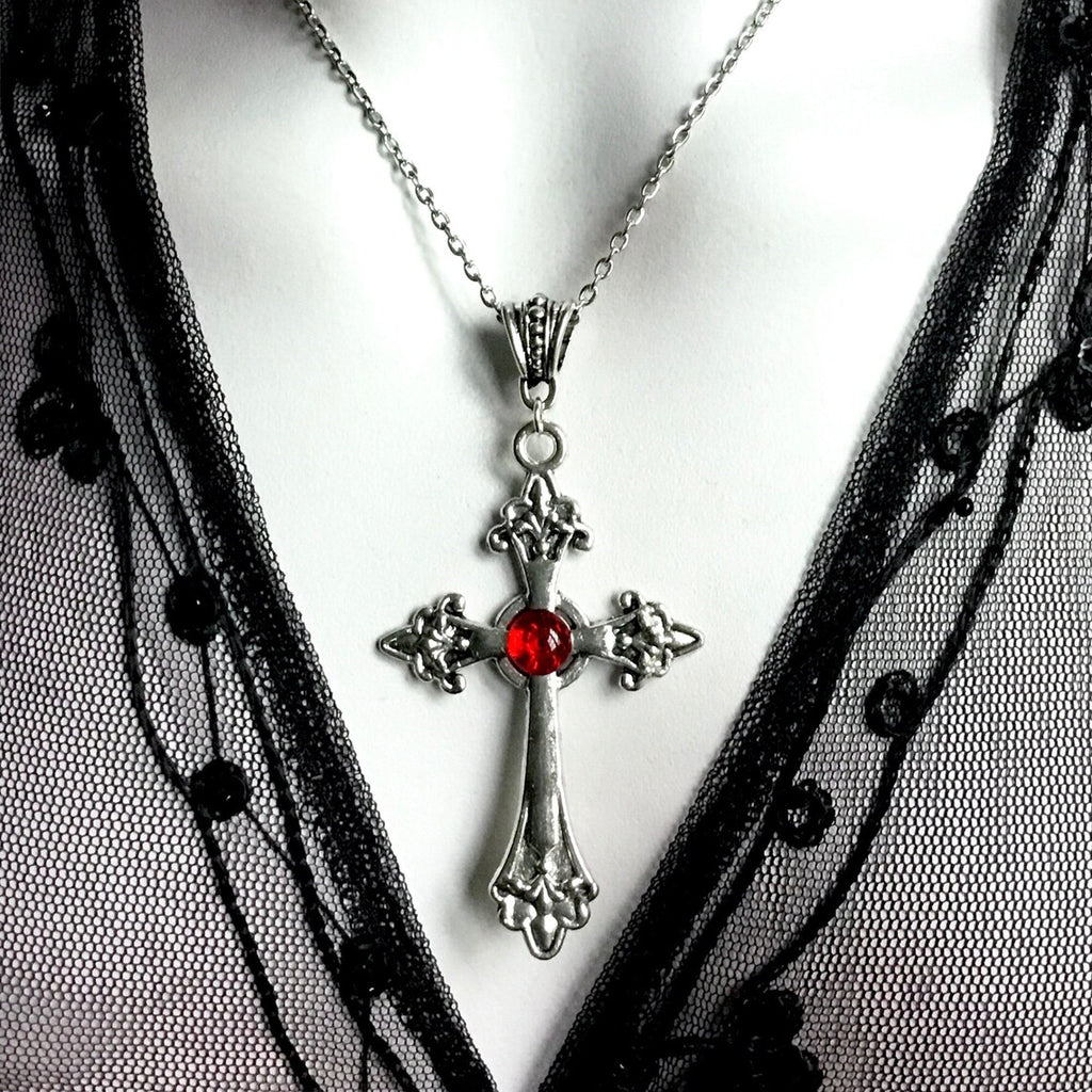 Silver Gothic Cross Necklace with Red Crystals