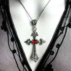 Silver Gothic Cross Necklace with Red Crystals