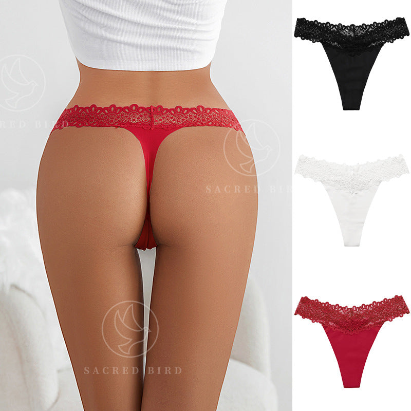 Seamless Lace-Trimmed Cotton Thong for Women Plus Size