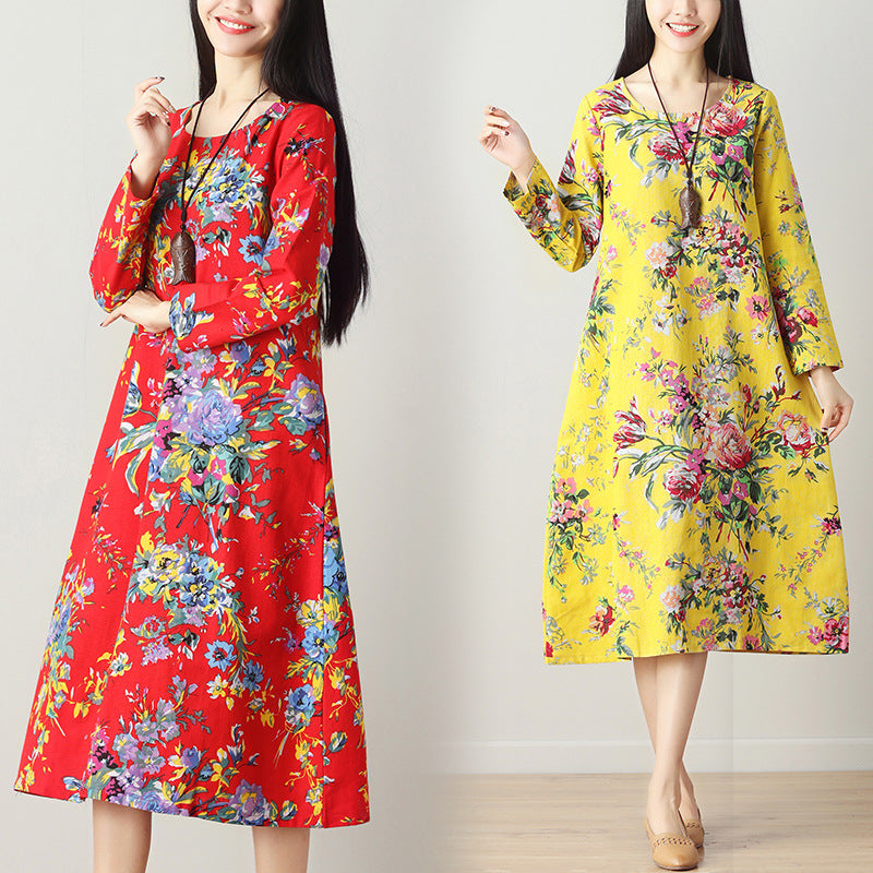 Cotton Linen Dress, Ethnic Style Mid-Length Dress