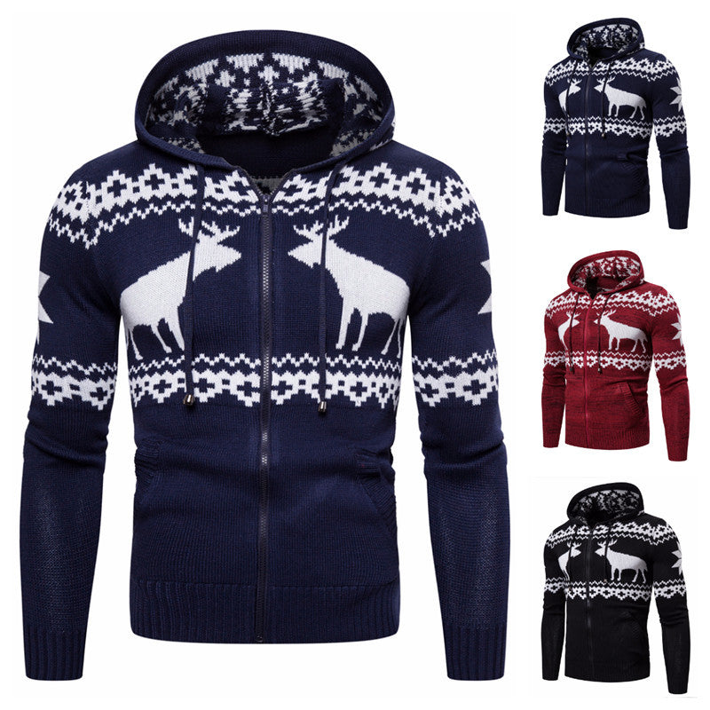Men's Christmas Reindeer Knit Zipper Hoodie Sweater | Streetwear