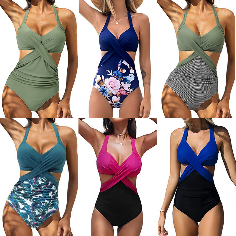Multicolor Women's One-Piece Swimsuit with Cross Design