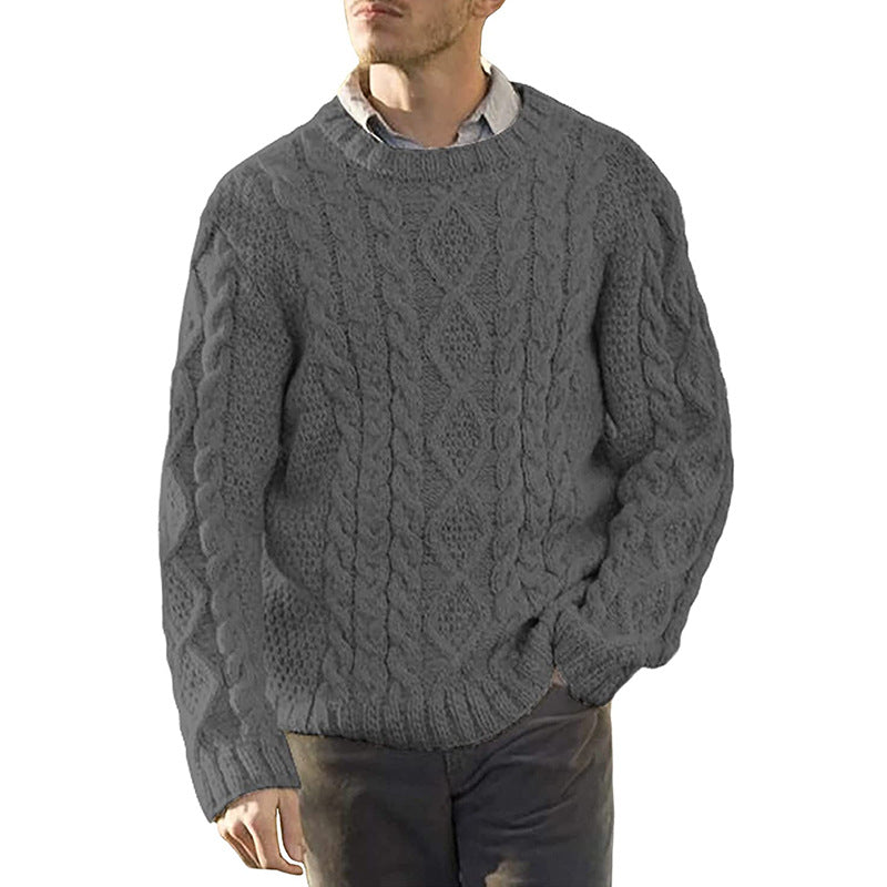 Men's Solid Color Round Neck Sweater - European Style