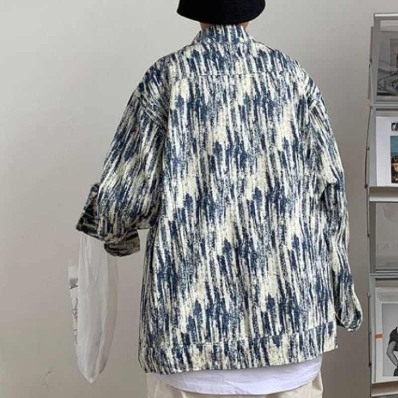 Men's Tie Dye Denim Jacket - Loose Lapel Long Sleeve Top