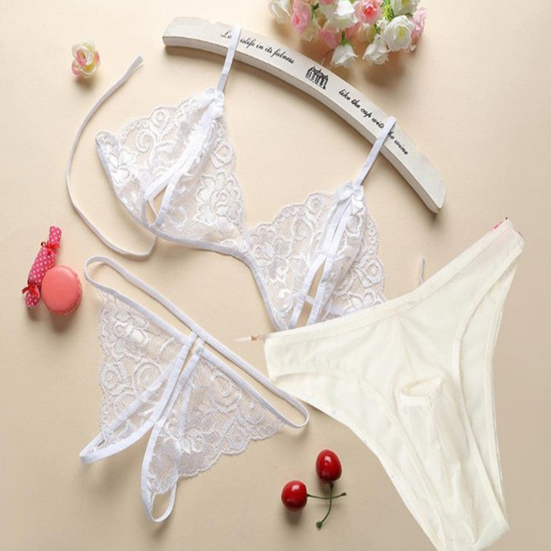 Couple's 3-Piece Set - Sexy Lace Transparent Thong