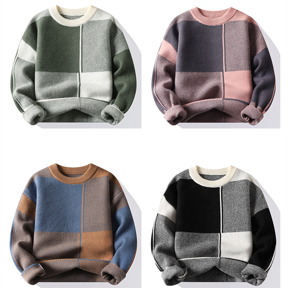 Men's Round Neck Thick Sweater with Geometric Design