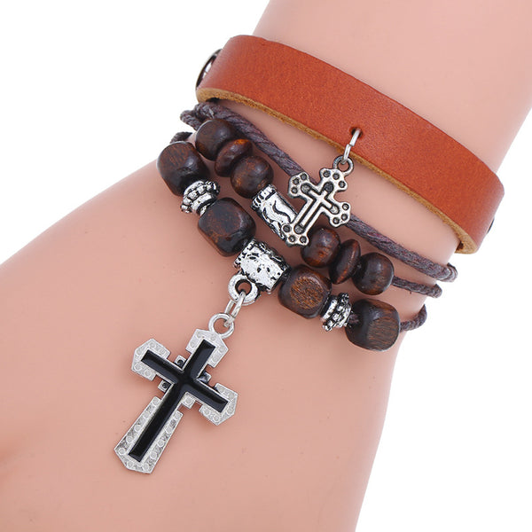Leather Cross Beaded Charm Bracelet