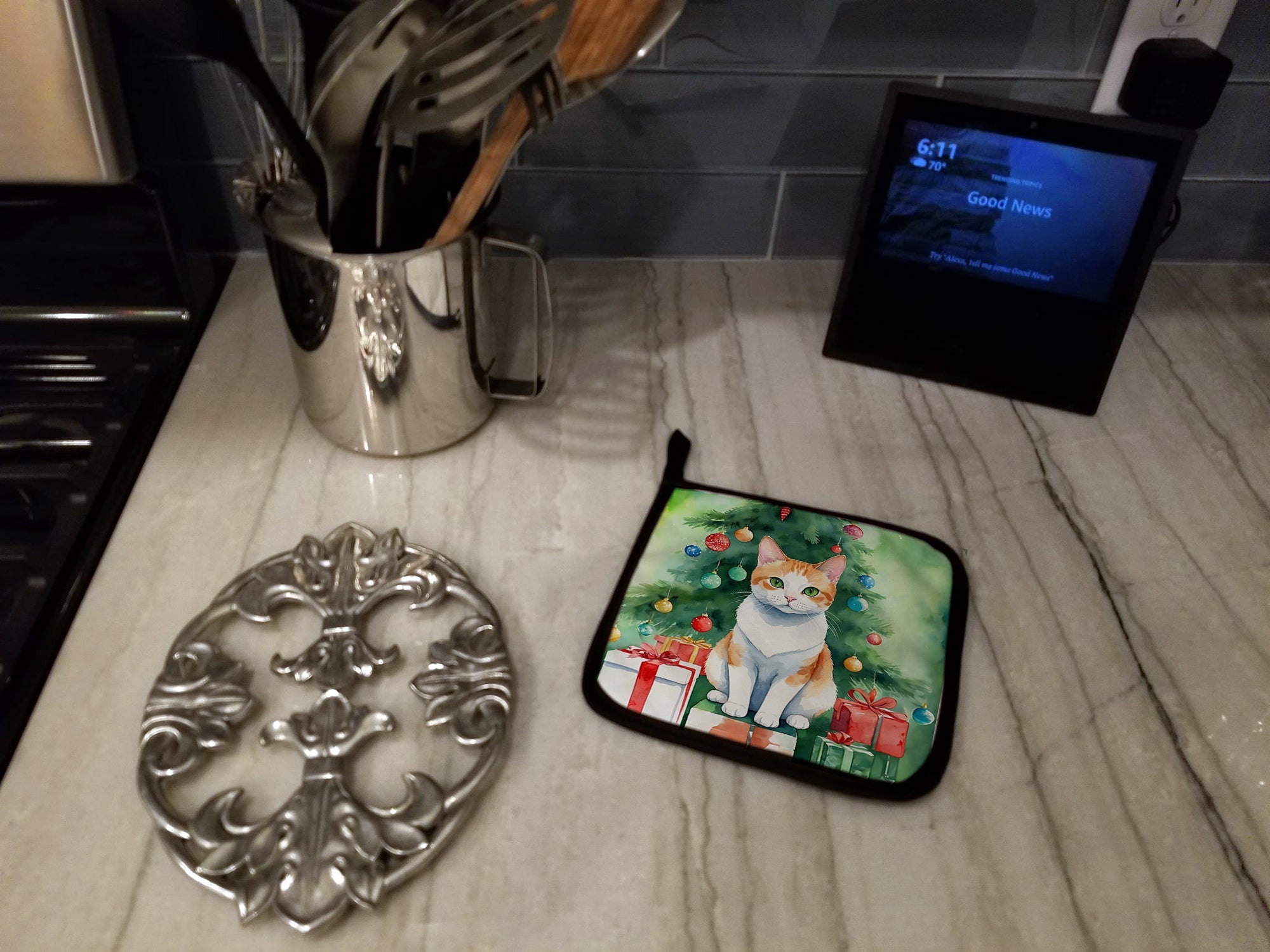 Japanese Bobtail Cat By the Christmas Tree Pair of Pot Holders