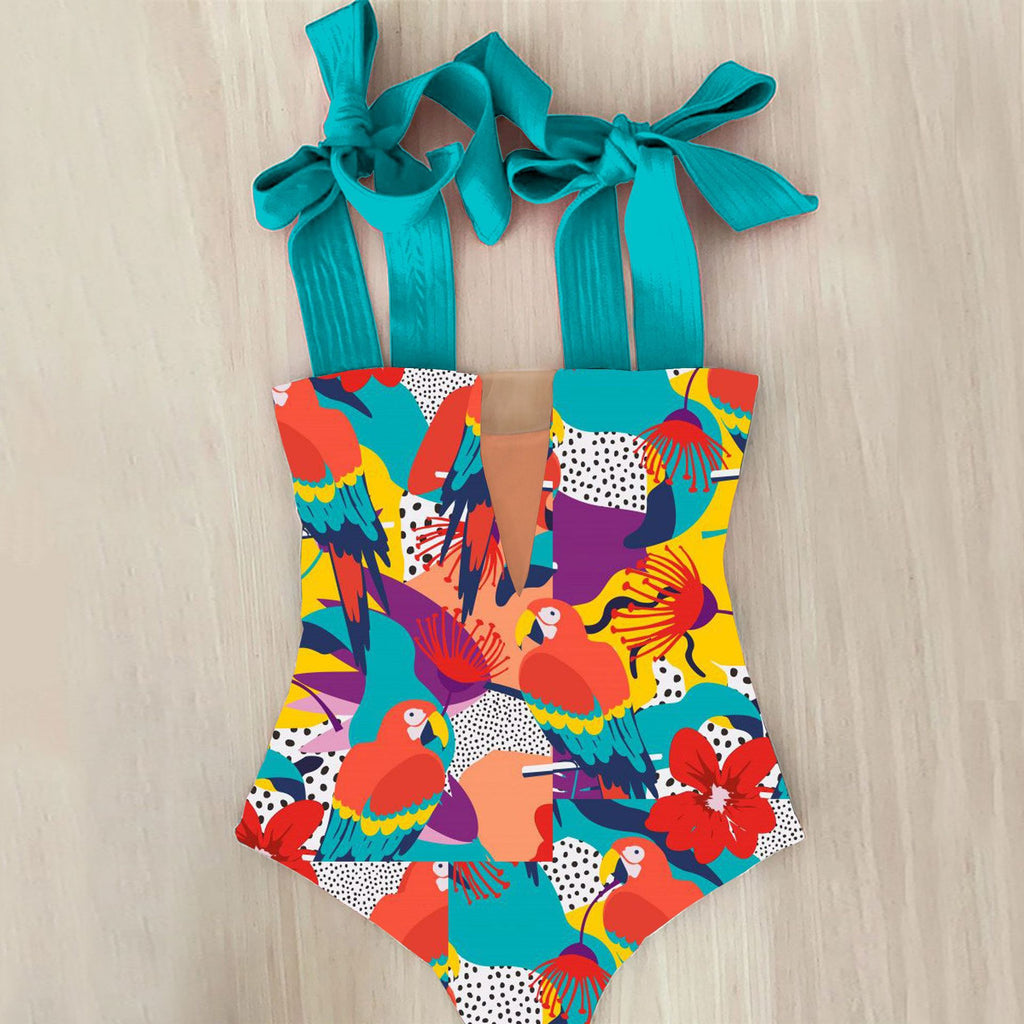 High Waist Mesh Stitching Swimsuit with Tube Top Straps
