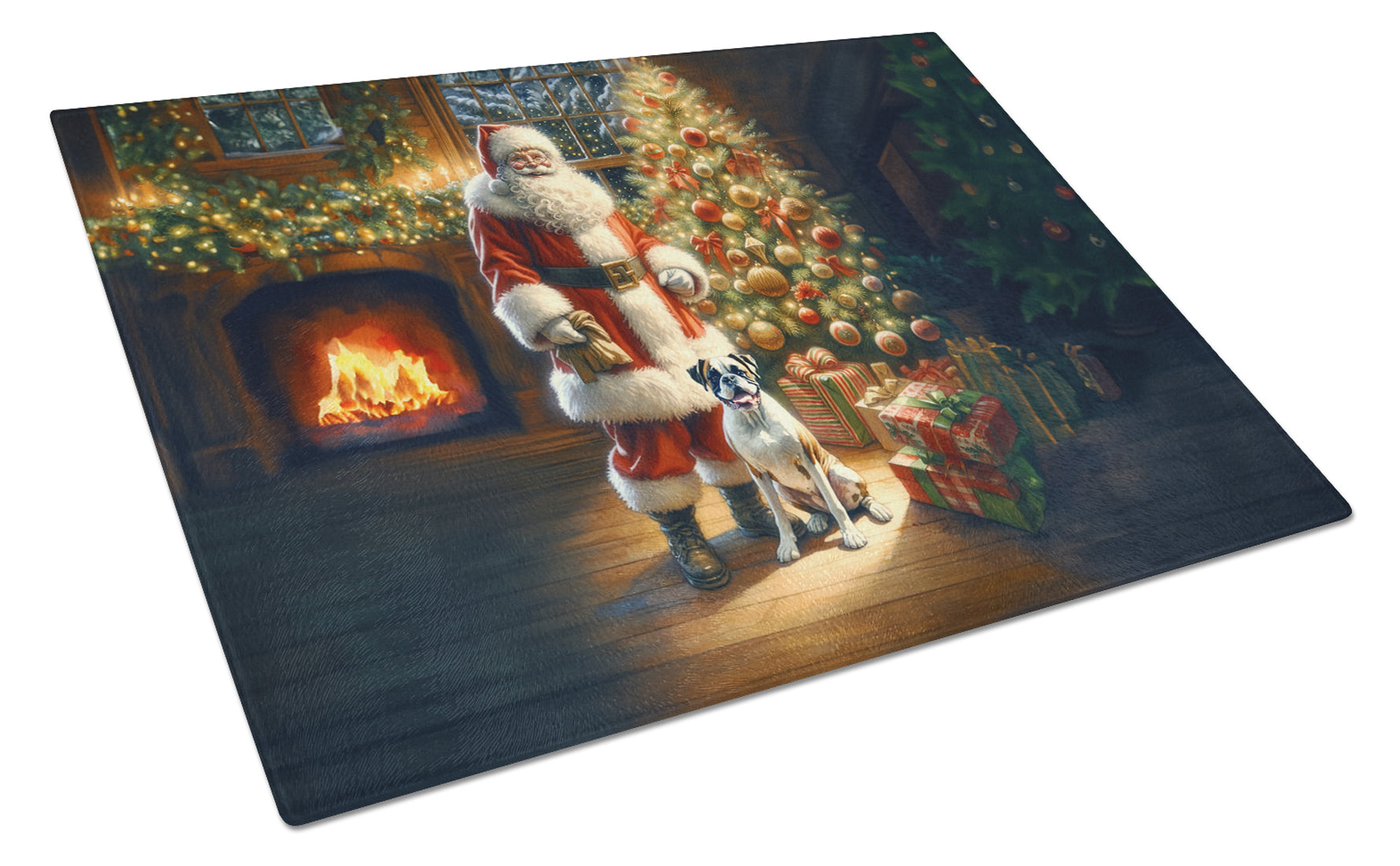 Boxer and Santa Claus Glass Cutting Board