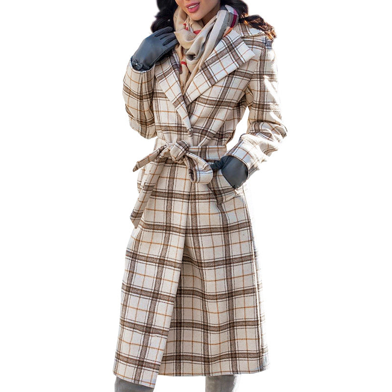 Ladies British Style Long Check Wool Coat