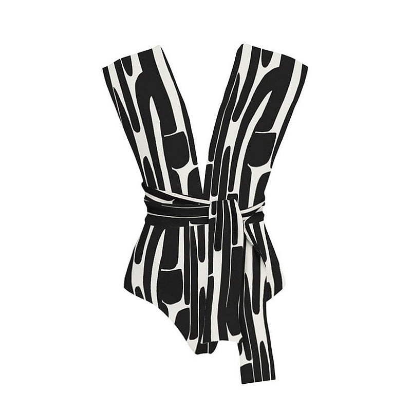 2023 Women's Black and White Striped Swimsuit