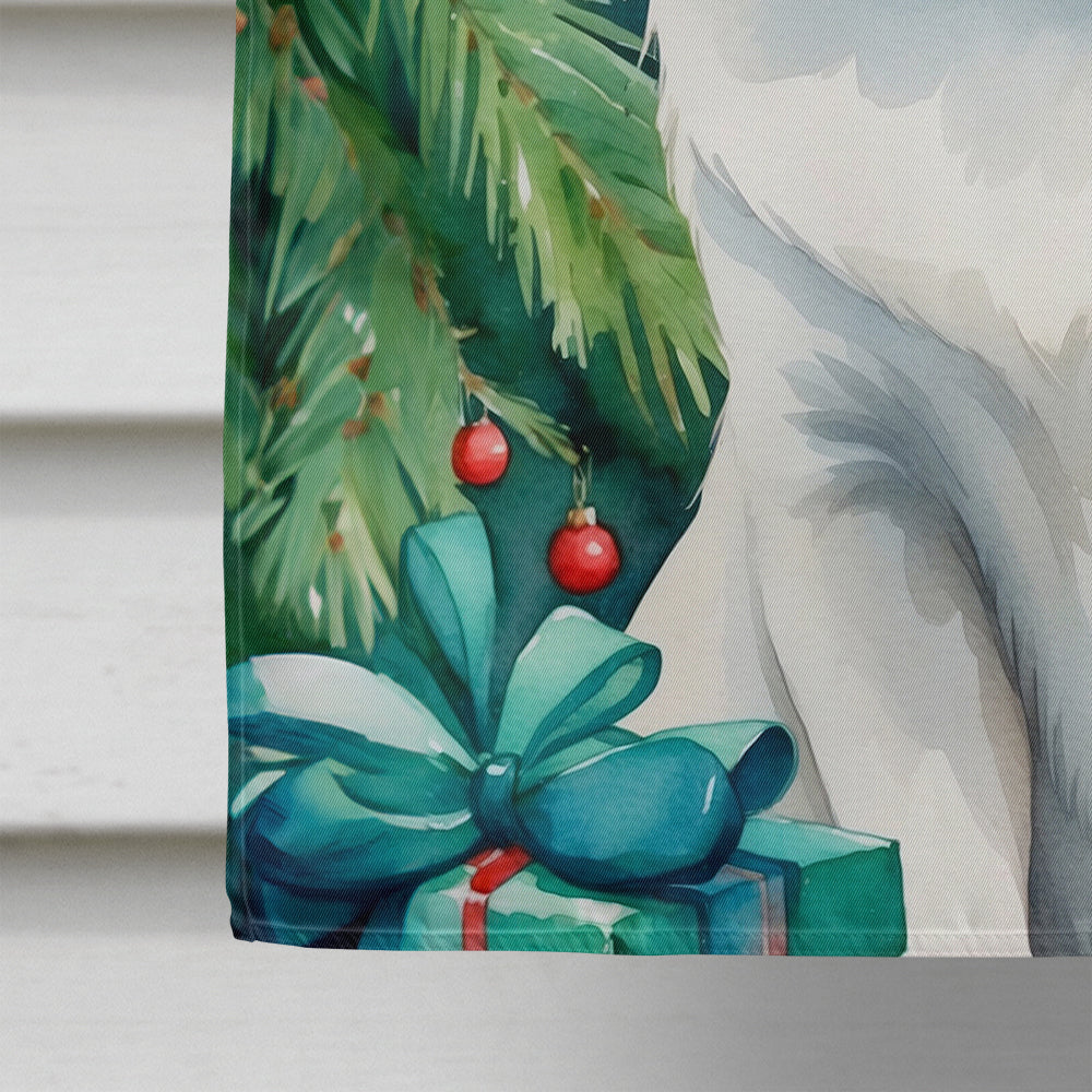 Foreign White Cat By the Christmas Tree House Flag